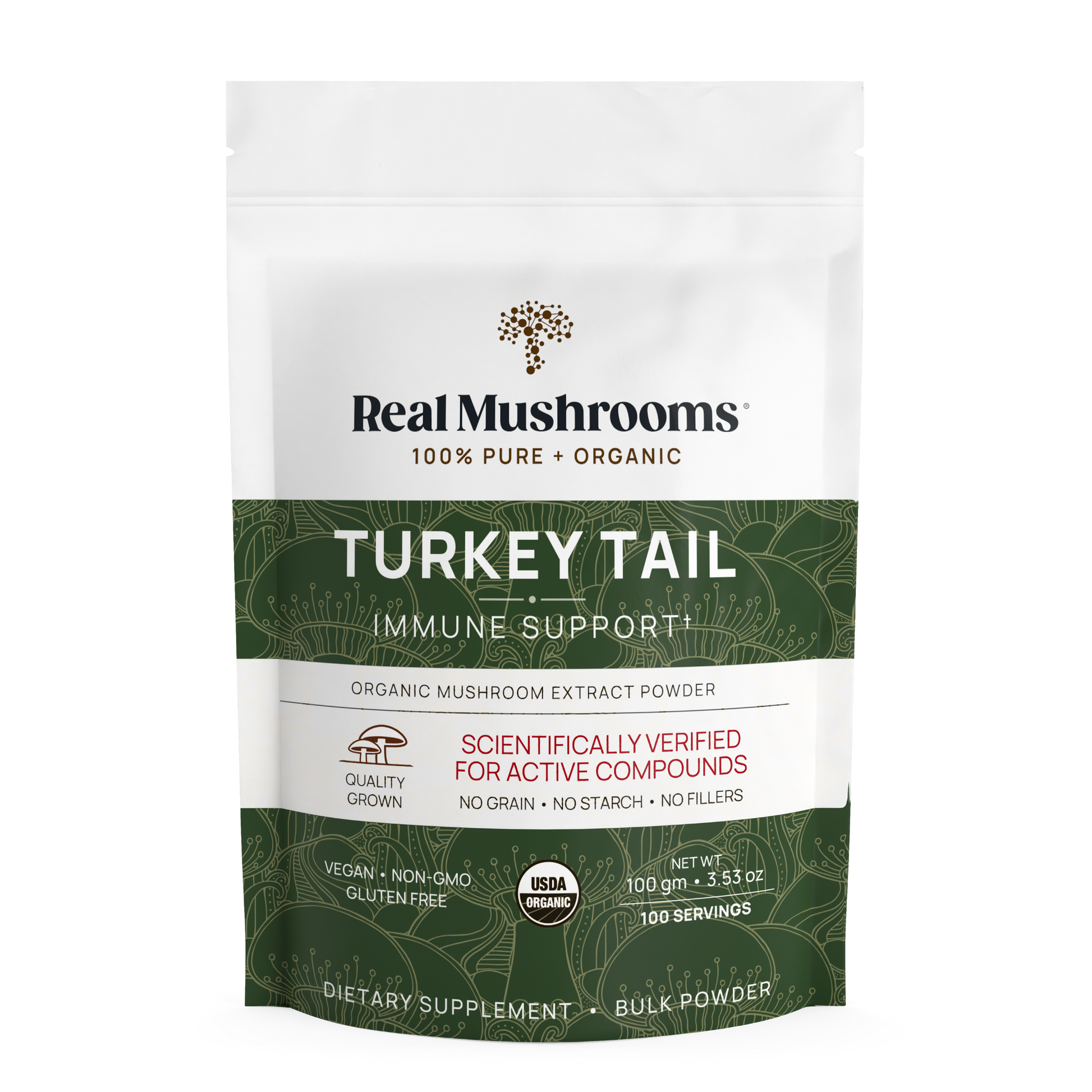 A white and green package with text on it for Real Mushrooms' Turkey Tail Mushroom Extract Powder for Pets.