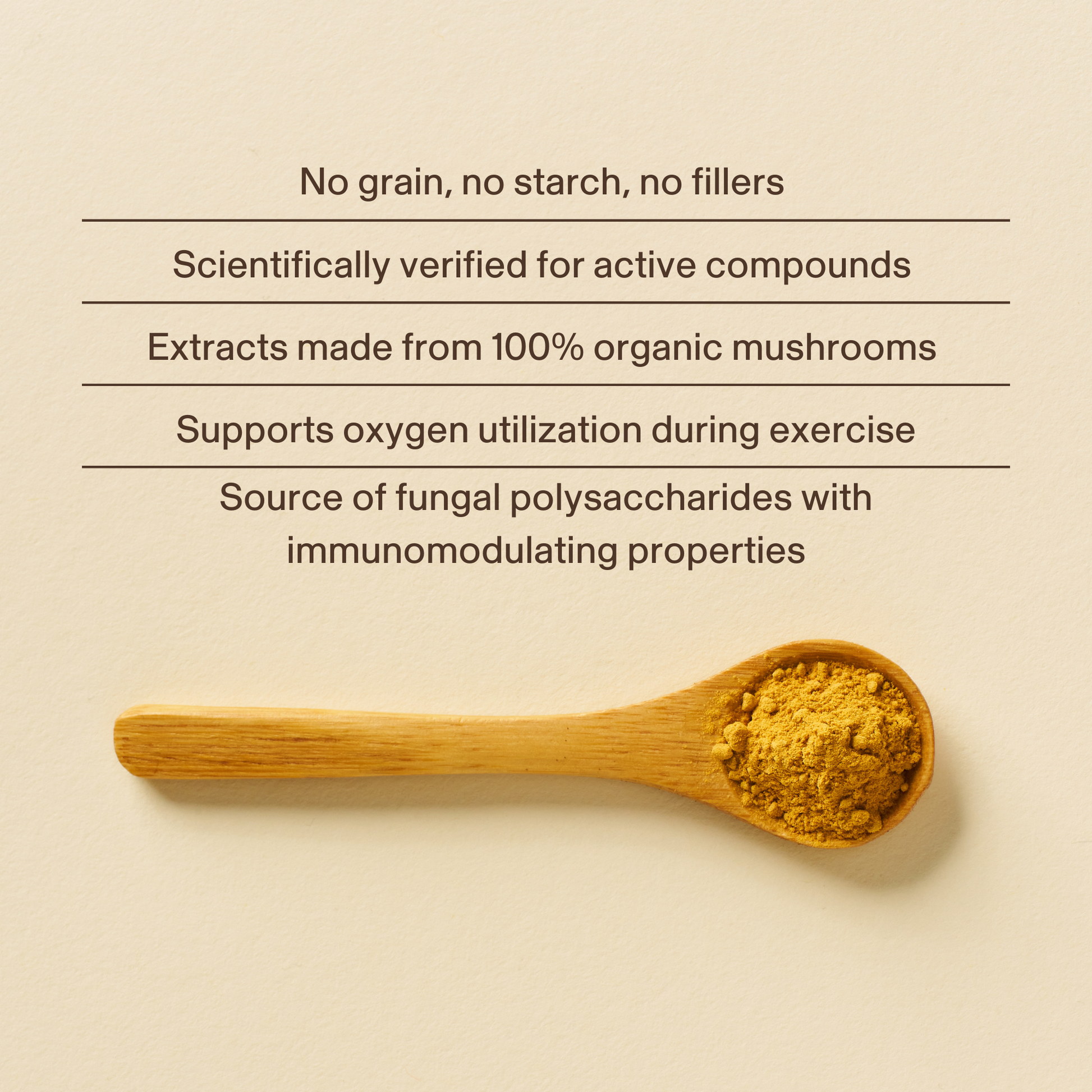 A wooden spoon with Real Mushrooms Organic Cordyceps Mushroom Extract Powder is shown beneath text highlighting its organic, filler-free quality and health benefits—supporting oxygen use, immune function, and natural energy.