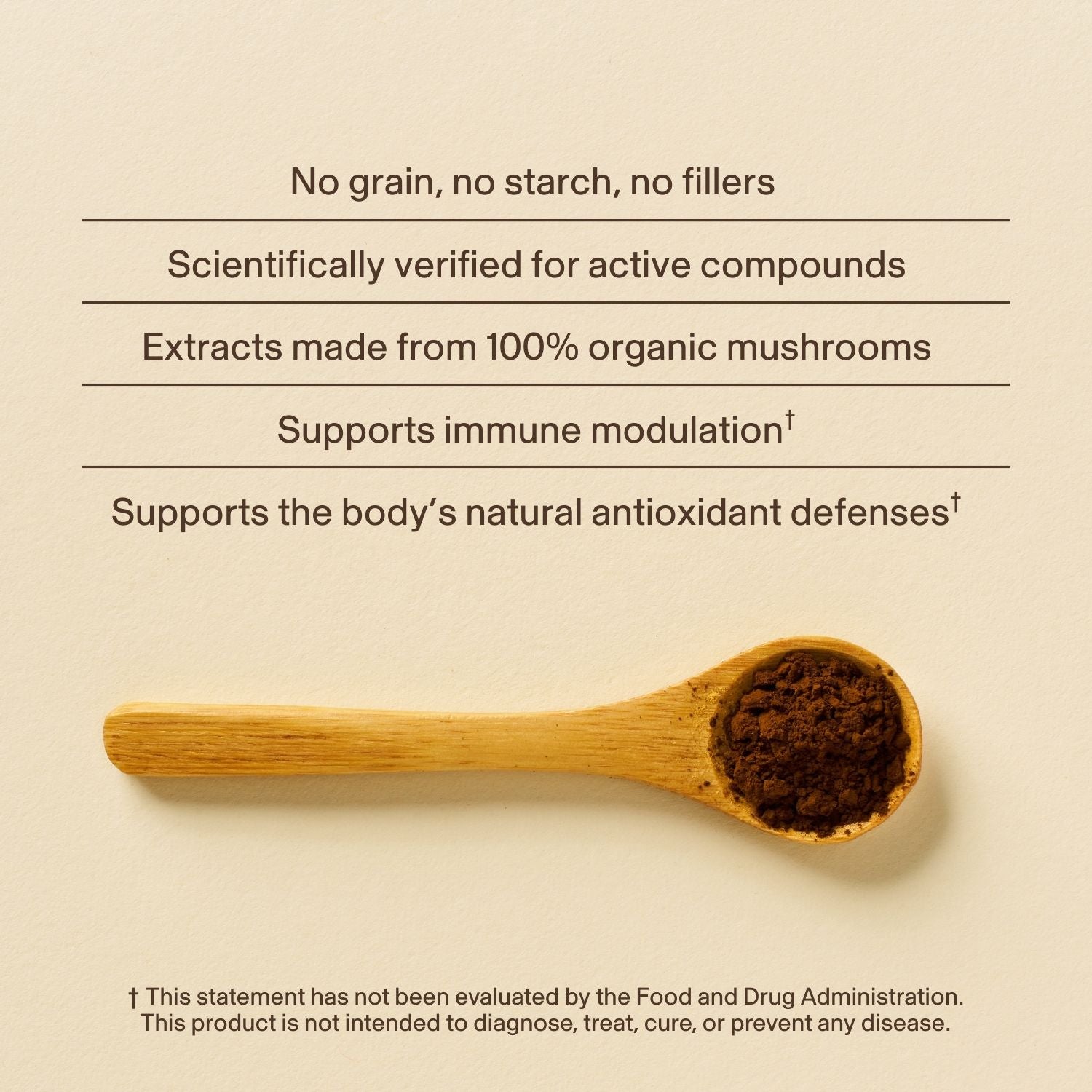 A bottle of Real Mushrooms Organic Chaga Extract Capsules sits below text highlighting benefits like organic supplements, immune support, and active compounds.