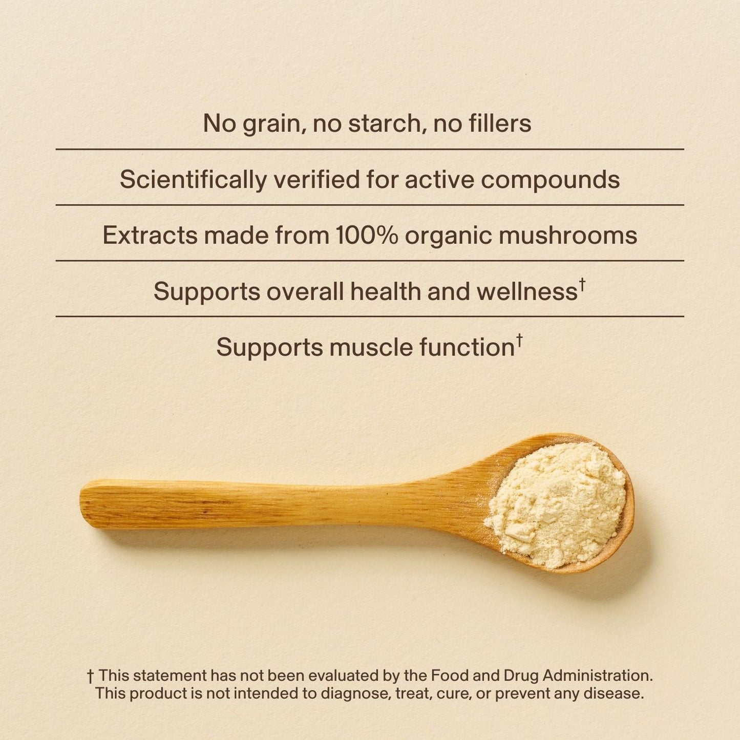 A wooden spoon with mushroom powder rests on a beige surface; above it are product claims for Real Mushrooms’ Vitamin D from Organic Mushrooms, highlighting its plant-based vitamin D and health benefits.