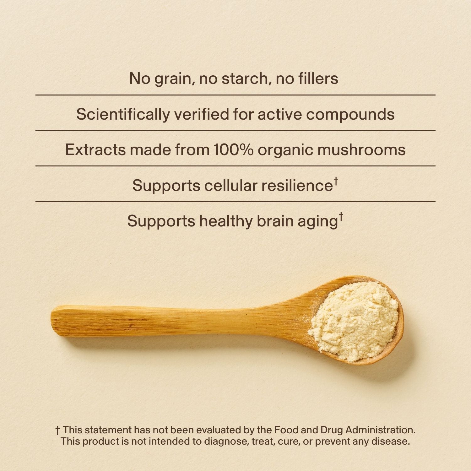 A wooden spoon with mushroom powder, rich in golden oyster mushrooms, rests on a beige surface beside text showcasing Real Mushrooms' Ergo+ Ergothioneine Supplement and its organic ingredients and health benefits.