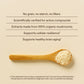 A wooden spoon with mushroom powder, rich in golden oyster mushrooms, rests on a beige surface beside text showcasing Real Mushrooms' Ergo+ Ergothioneine Supplement and its organic ingredients and health benefits.
