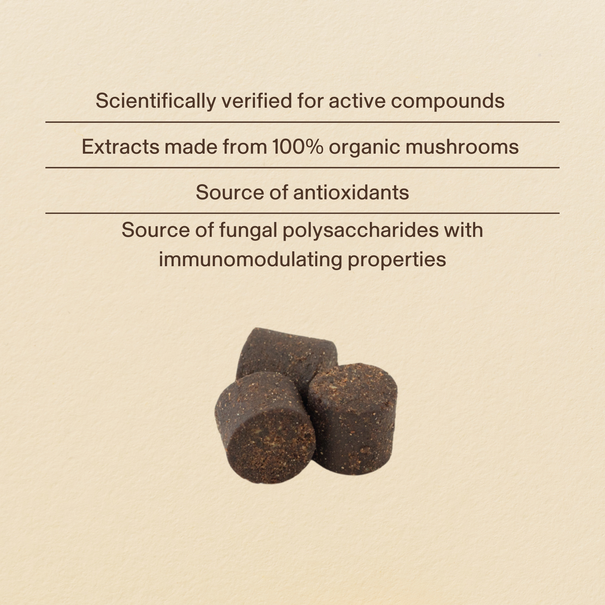 Three dark Mushroom Immune Pet Chews by Real Mushrooms rest on a light background beneath text highlighting their scientific verification, antioxidants, immunomodulating properties, and immune support for pets.