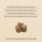 Three brown Mushroom Relax Pet Chews from Real Mushrooms are shown below text listing features like organic mushroom supplements and calming herbs, along with a disclaimer stating the product is not evaluated by the FDA.