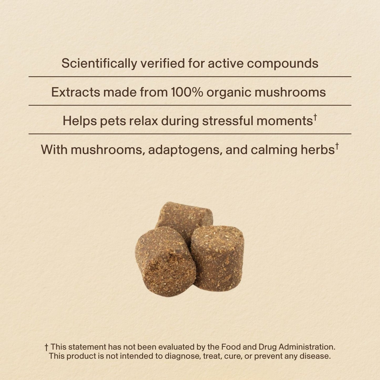 Three brown Mushroom Relax Pet Chews by Real Mushrooms are displayed in front of text outlining the calming and stress-relief benefits of mushroom and adaptogen supplements for pets. FDA disclaimer appears at the bottom.