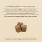 Three brown Mushroom Relax Pet Chews by Real Mushrooms are displayed in front of text outlining the calming and stress-relief benefits of mushroom and adaptogen supplements for pets. FDA disclaimer appears at the bottom.
