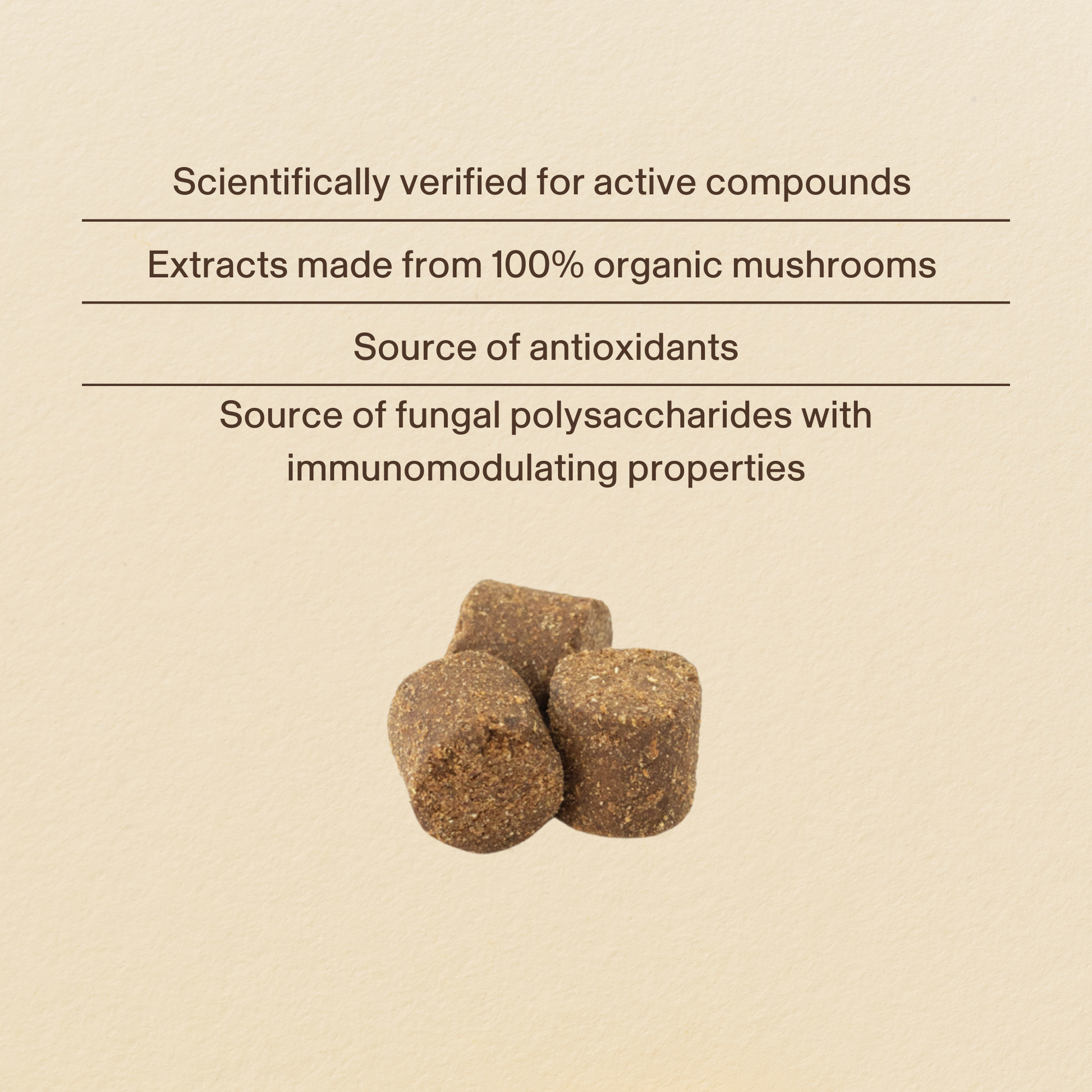 Three brown Mushroom Relax Pet Chews by Real Mushrooms are shown below text highlighting scientific verification, organic mushroom supplements, antioxidants, and immunomodulating polysaccharides. Perfect for pet stress relief. Beige background.
