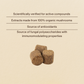 Three brown Mushroom Relax Pet Chews by Real Mushrooms are shown below text highlighting scientific verification, organic mushroom supplements, antioxidants, and immunomodulating polysaccharides. Perfect for pet stress relief. Beige background.