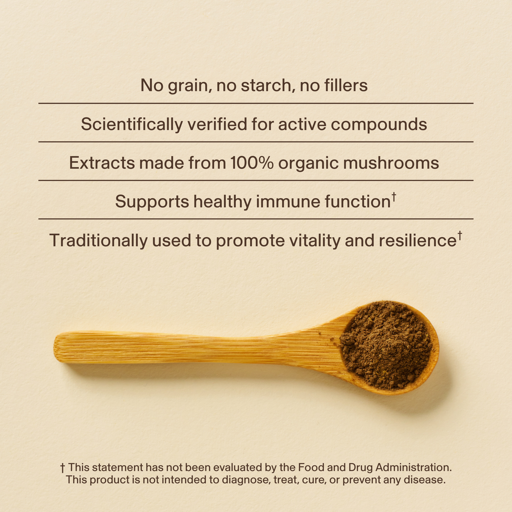 A wooden spoon with mushroom powder sits on a beige surface next to text highlighting Real Mushrooms 5 Defenders® Organic Mushroom Blend Capsules for Pets, featuring beta-glucans, immune support for pets, and key disclaimers.