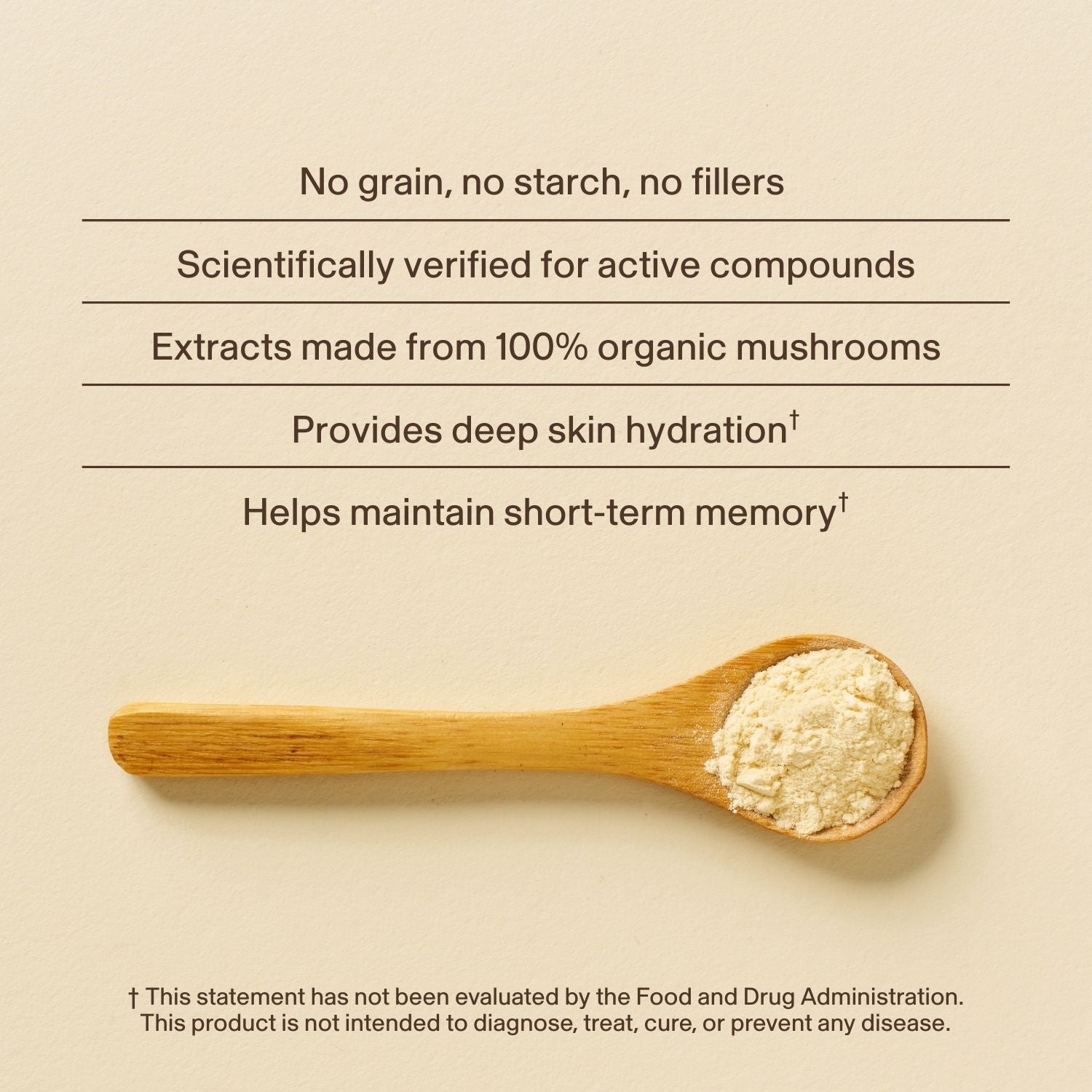 A wooden spoon with Real Mushrooms Organic Tremella Extract Powder sits on a beige surface next to text highlighting benefits for skin, hair, and nails, and a disclaimer noting the product is not evaluated by the FDA.