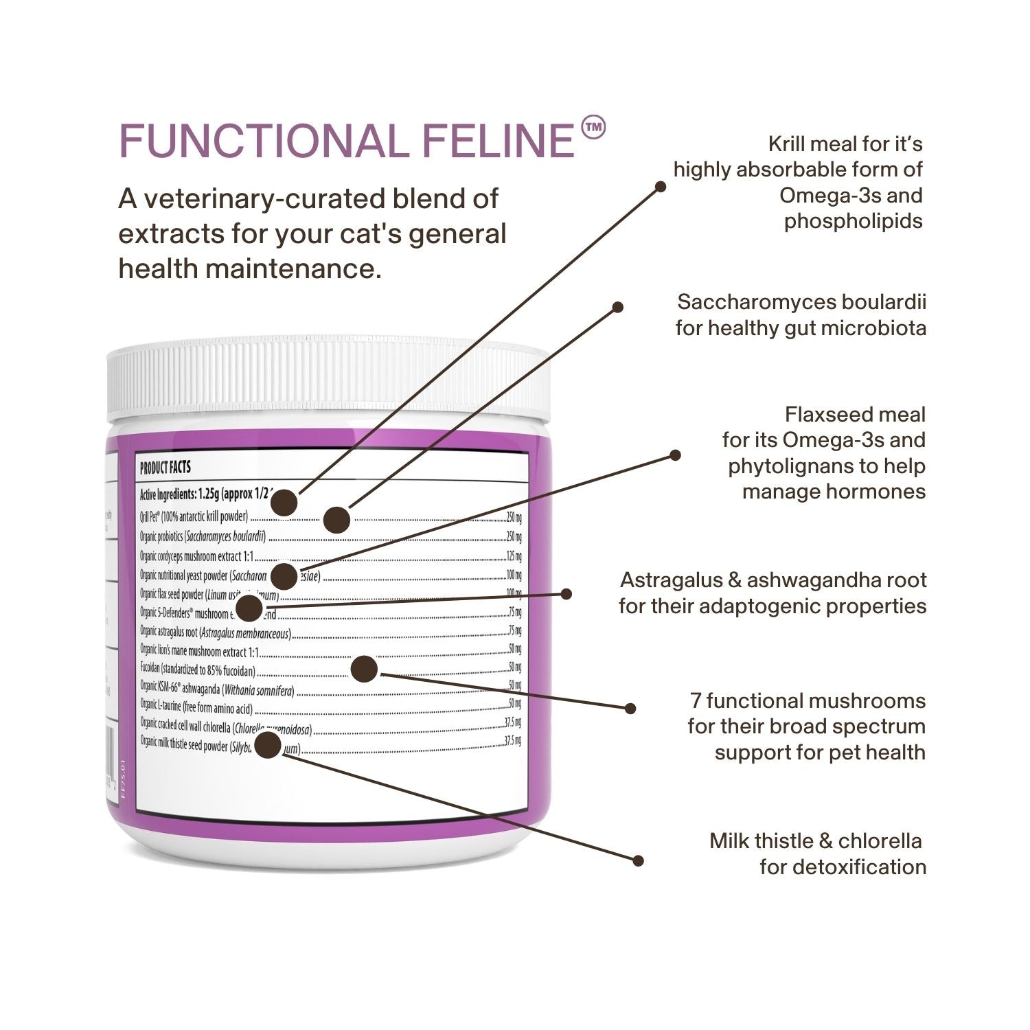 A container labeled "Functional Feline Powder for Cats" by Real Mushrooms features illustrated callouts on the side, highlighting key ingredients like mushroom extract and their health benefits, such as immune support for cats.