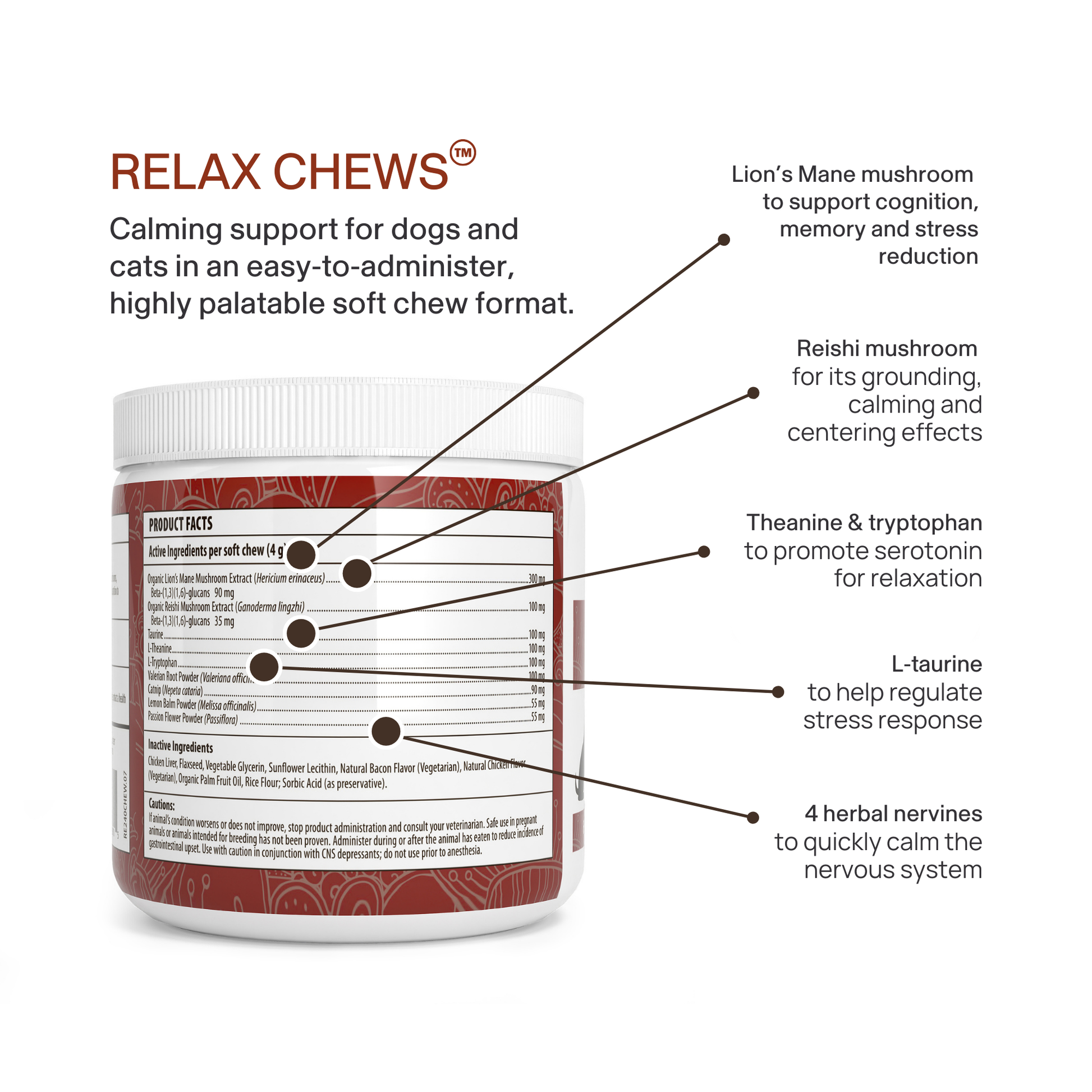 The Real Mushrooms "Mushroom Relax Pet Chews" in a red container offer calming chews for pets with organic mushroom extracts like lion’s mane and reishi, plus theanine and L-taurine to naturally support pet relaxation and stress relief.
