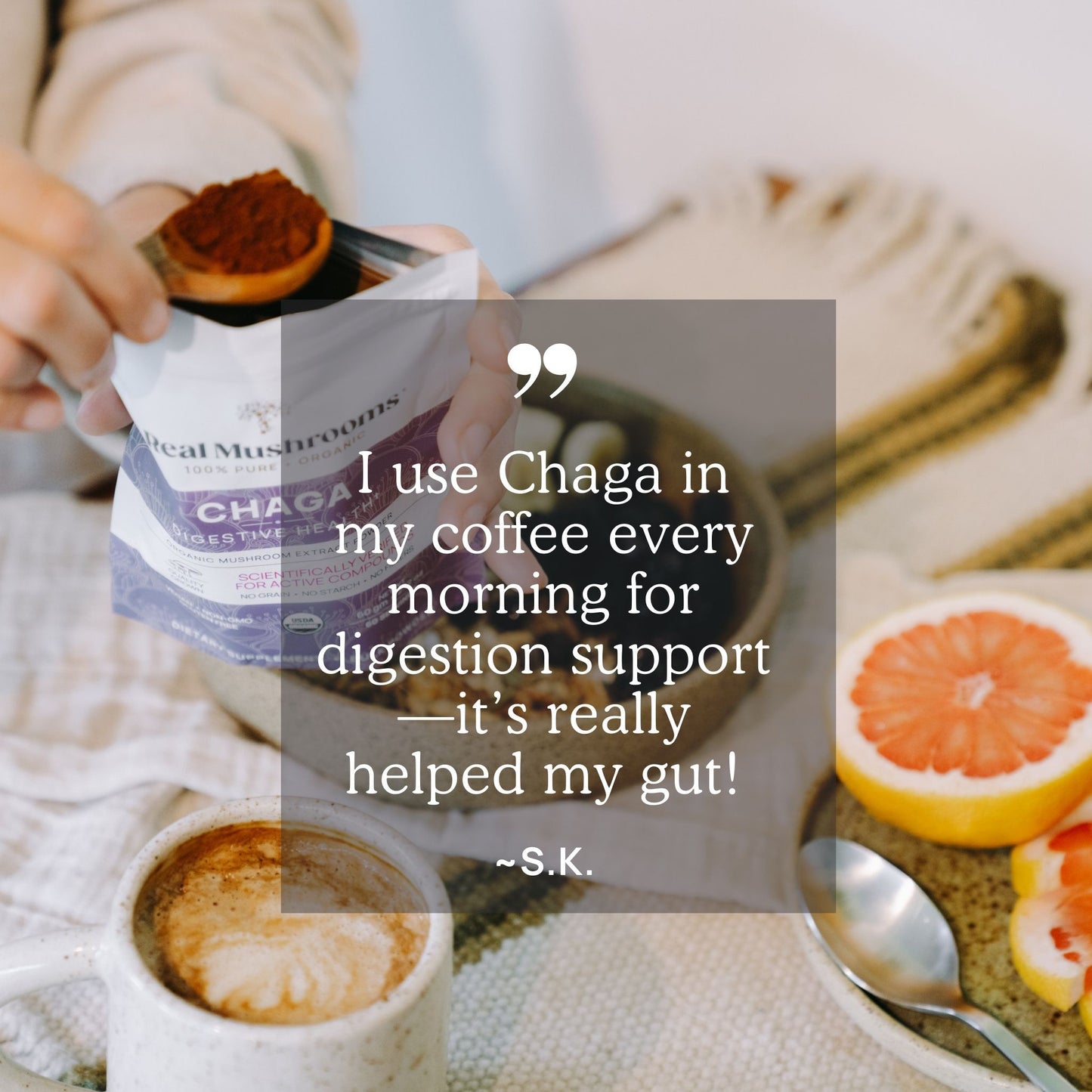 A person mixes Real Mushrooms Organic Chaga Extract Powder into their coffee, enjoying the richness of beta-glucans. A spoon sits beside a vibrant grapefruit and a cozy blanket nearby. A quote highlighting the digestion benefits enhances the warmth of this tranquil setting.