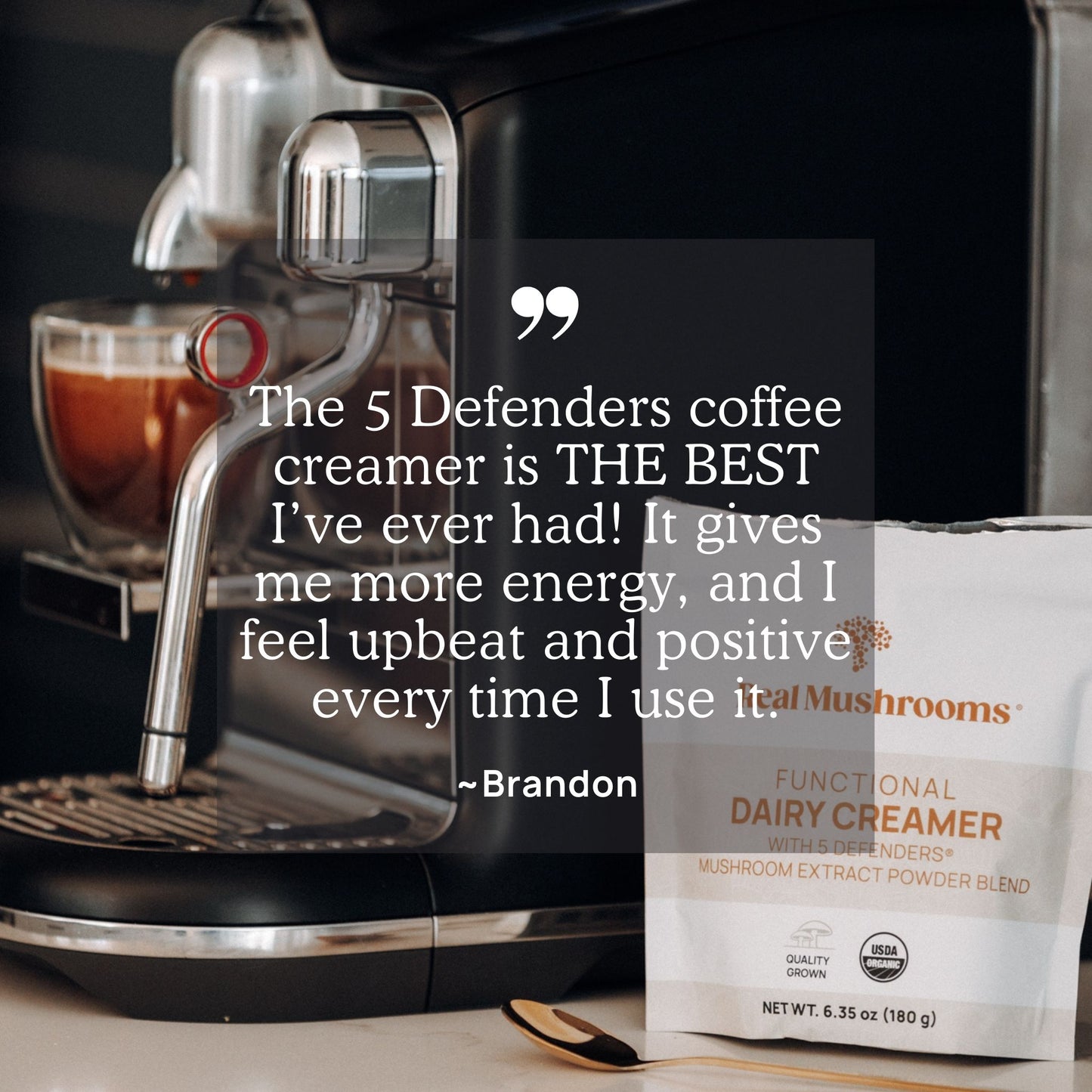 A coffee maker stands next to a bag of Real Mushrooms Functional Dairy Creamer Powder, featuring a quote that praises its energizing effects due to the powerful organic mushroom extract and USDA Certified Organic ingredients.