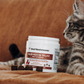 A tabby cat lies on a couch beside a container of Real Mushrooms Mushroom Relax Pet Chews, with several calming chews for pets in front.