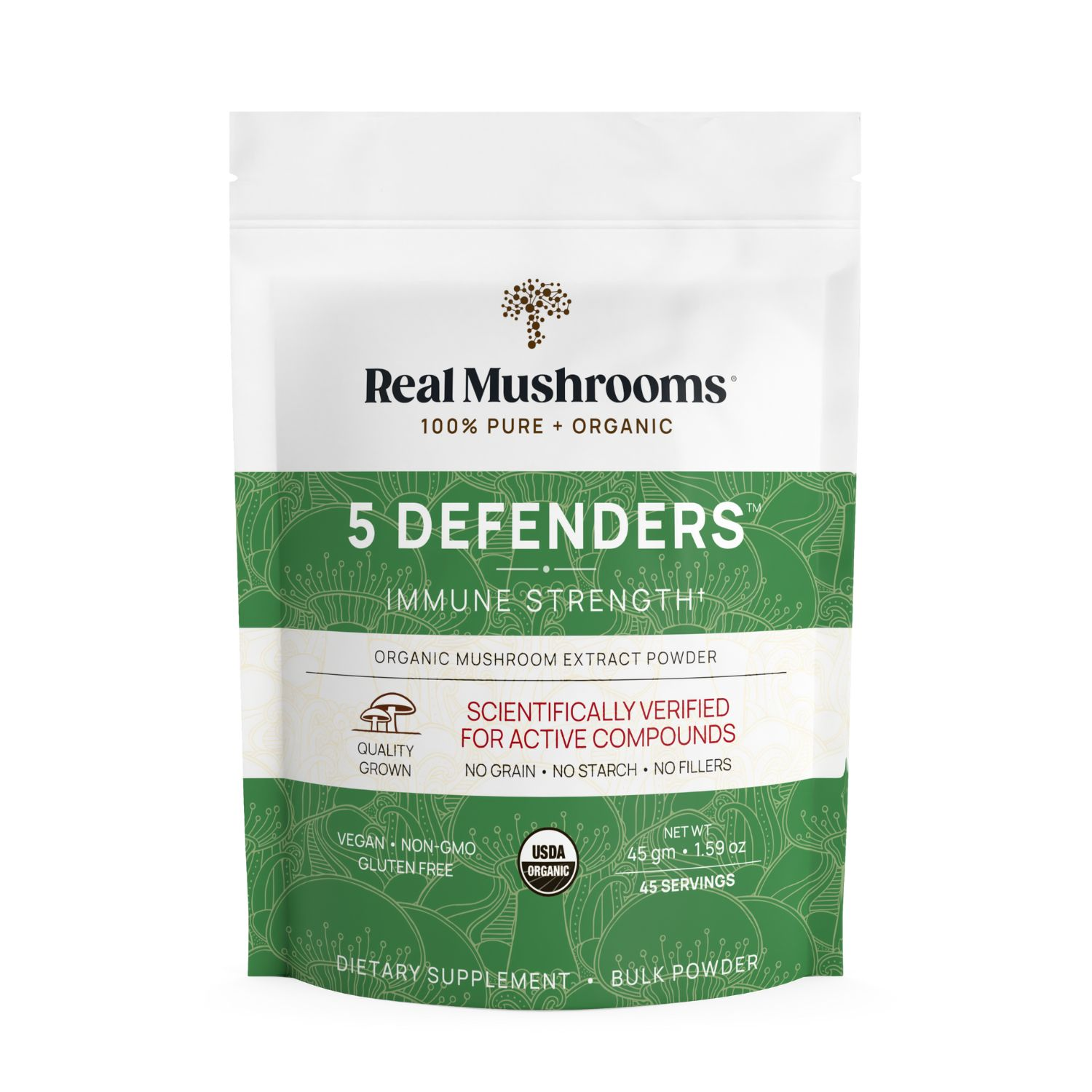 A 45-serving package of Real Mushrooms 5 Defenders® Organic Mushroom Complex bulk powder—USDA organic, vegan, non-GMO, gluten-free—is rich in beta-glucans to support immunity as a potent mushroom multivitamin.