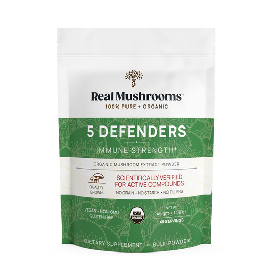A 45-serving package of Real Mushrooms 5 Defenders® Organic Mushroom Complex bulk powder—USDA organic, vegan, non-GMO, gluten-free—is rich in beta-glucans to support immunity as a potent mushroom multivitamin.