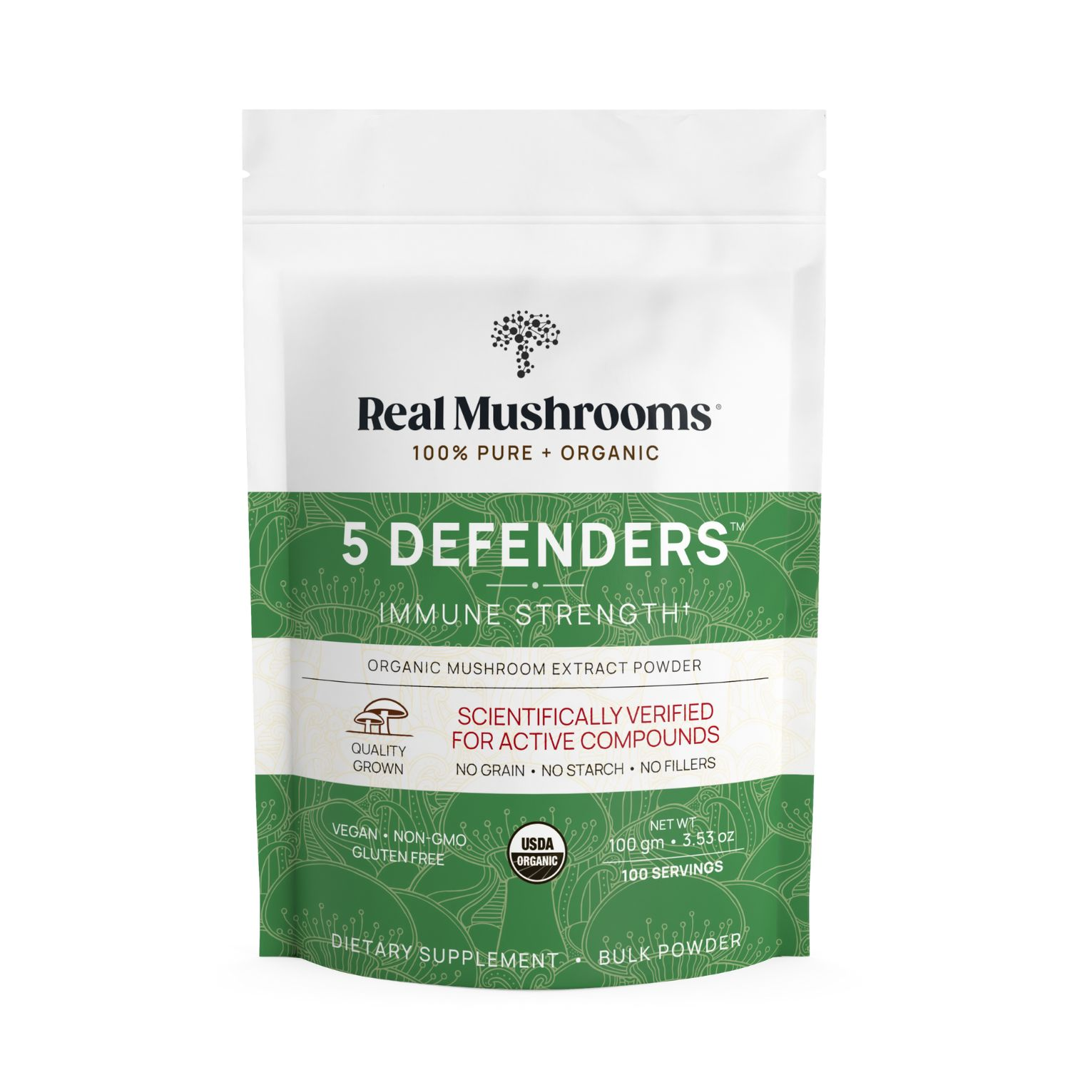 A white and green bag labeled "Real Mushrooms 5 Defenders® Organic Mushroom Complex – Bulk Powder" highlights immune support, beta-glucans, and various certifications on the front.