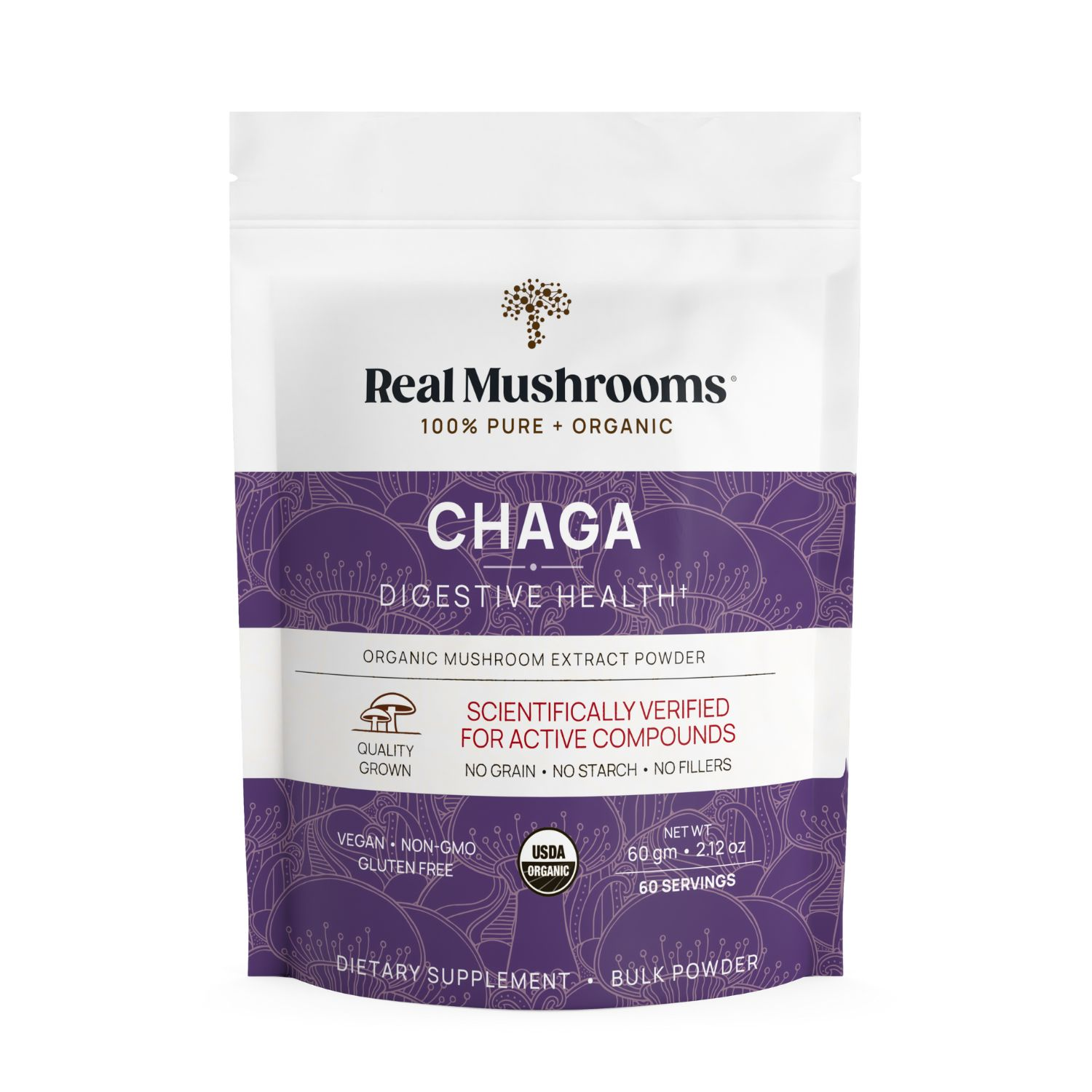 A white and purple pouch labeled "Real Mushrooms Organic Chaga Extract Powder" promotes organic chaga mushroom powder for digestive and immune support. It is vegan, non-GMO, gluten-free, and USDA organic.