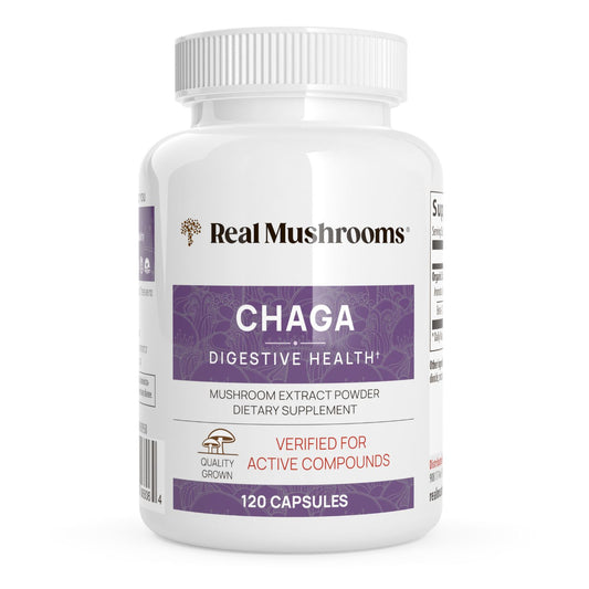 A white bottle labeled "Real Mushrooms Organic Chaga Extract Capsules," containing 120 capsules, offers Chaga mushroom extract to support digestive and immune health.