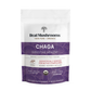 A white and purple pouch labeled "Real Mushrooms Organic Chaga Extract Powder," featuring organic chaga mushroom extract for digestive and immune support.