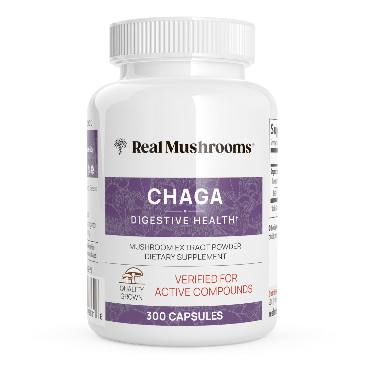 A white bottle labeled "Real Mushrooms Organic Chaga Extract Capsules" dietary supplement, with 300 capsules, made from organic chaga mushroom for immune support, verified for active compounds and featuring a quality grown symbol.