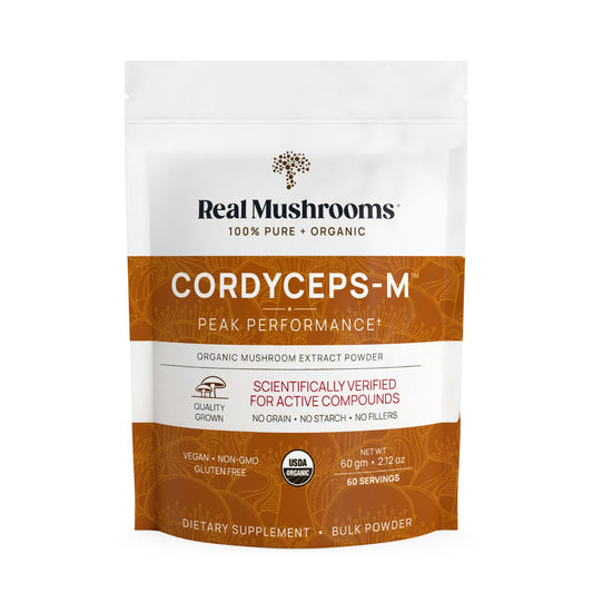 A bag of Real Mushrooms Organic Cordyceps Mushroom Extract Powder – Bulk Supplement, a vegan, non-GMO energy supplement for peak performance, with multiple certifications and quality claims.