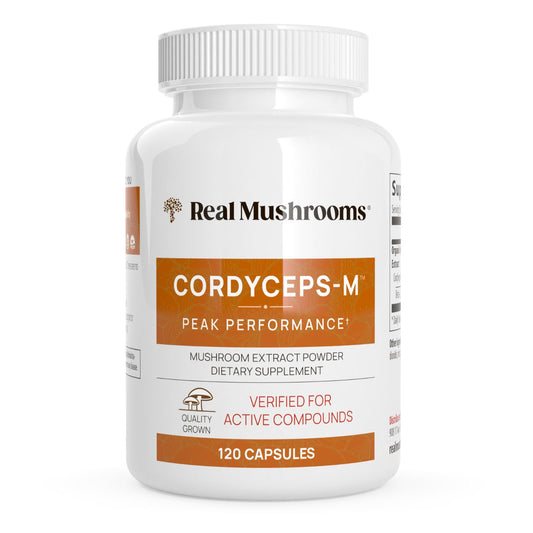 White bottle labeled "Real Mushrooms Organic Cordyceps Extract Capsules," containing 120 capsules of dietary supplement for stamina and energy support.