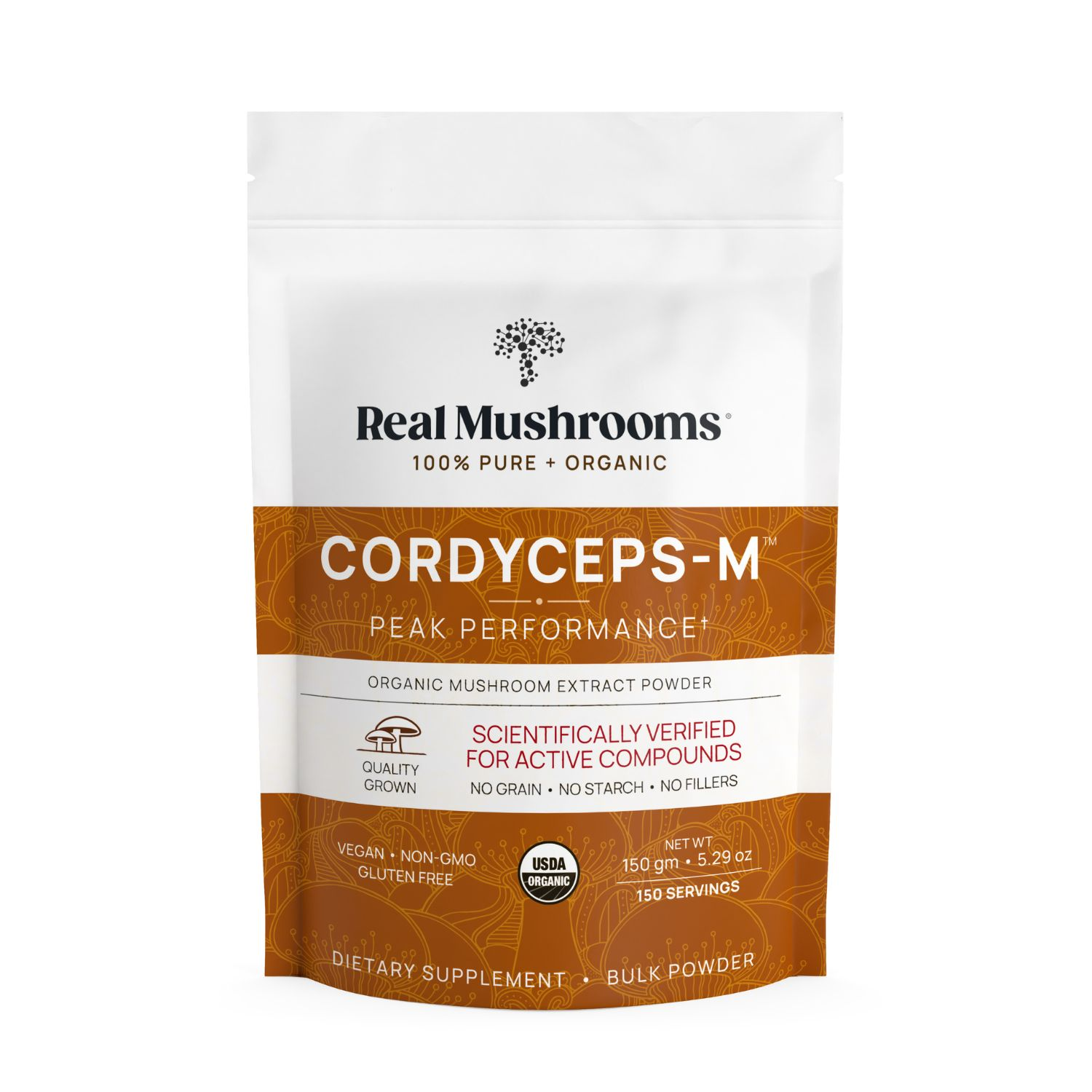 A white and orange pouch labeled "Real Mushrooms Organic Cordyceps Mushroom Extract Powder – Bulk Supplement" highlights energy support and dietary supplement benefits on the front.