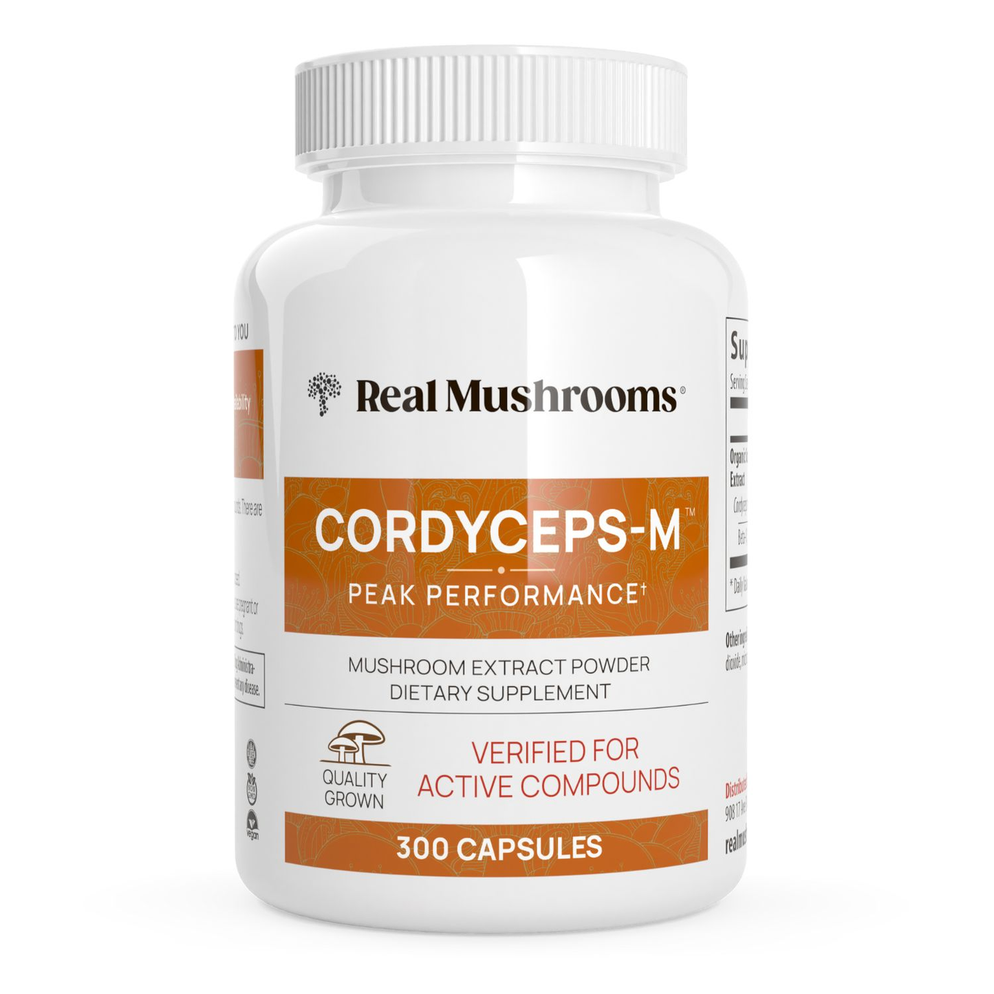 A white bottle labeled "Real Mushrooms Organic Cordyceps Extract Capsules" contains 300 capsules of Cordyceps mushroom extract powder for energy support and stamina.
