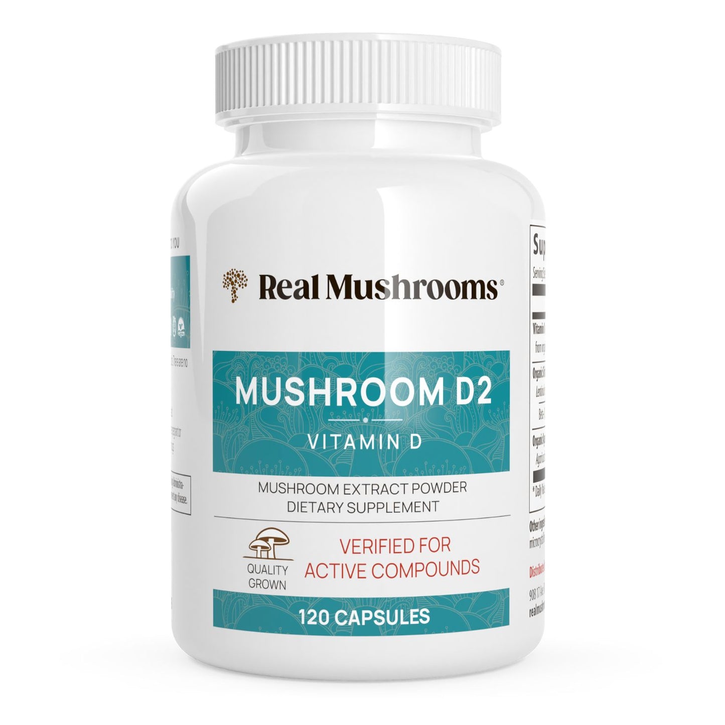 A white bottle labeled "Real Mushrooms Vitamin D from Organic Mushrooms," containing 120 capsules of mushroom-based vitamin D supplement.