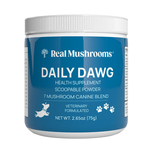 A blue container of Real Mushrooms Daily Dawg Powder for Pets, a 2.65oz (75g) veterinary-formulated organic supplement with a 7-mushroom blend to support canine health.