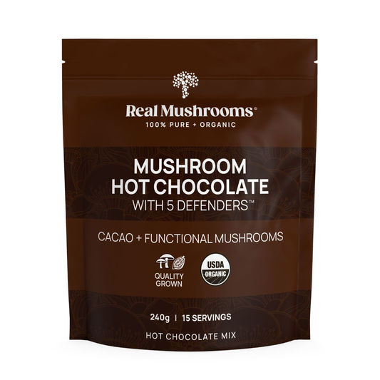 A brown package of Real Mushrooms’ Mushroom Hot Chocolate Mix features organic mushroom cacao, high-quality functional mushroom extract powder, and USDA organic certification.