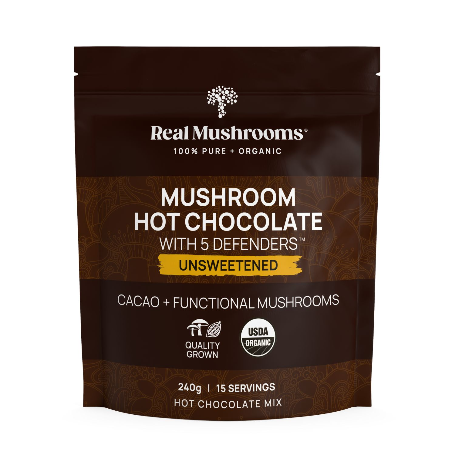 A brown and gold pouch labeled "Real Mushrooms Mushroom Hot Chocolate Mix," unsweetened, organic mushroom cacao with functional mushrooms, gluten-free, vegan, USDA Organic, 240g, 15 servings.