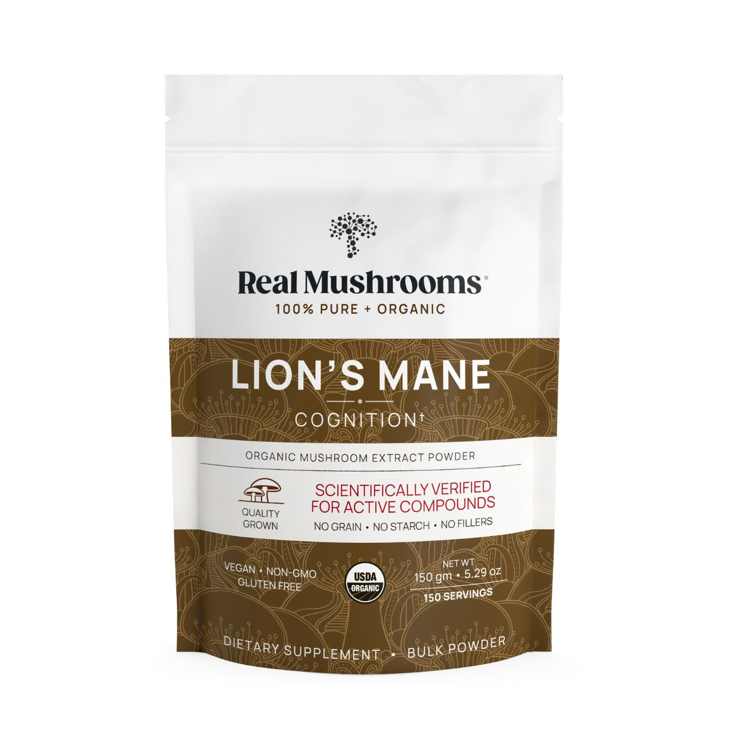 A white and gold package of Real Mushrooms Lion’s Mane Mushroom Powder, an organic extract for cognition and immune support; 150g, 150 servings, with certification icons.