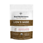 A white and gold package of Real Mushrooms Lion’s Mane Mushroom Powder, an organic extract for cognition and immune support; 150g, 150 servings, with certification icons.