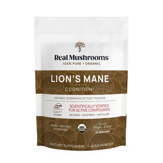 A white and brown pouch labeled "Real Mushrooms Lion’s Mane Mushroom Powder," featuring organic powder for immune health and various quality and certification icons on the packaging.