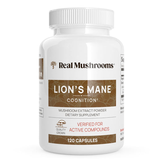 A white bottle of Real Mushrooms Organic Lion's Mane Extract Capsules, offering 120 dietary supplement capsules made from organic mushrooms extract powder.