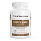 A white bottle labeled "Organic Lion's Mane Extract Capsules" by Real Mushrooms contains 120 capsules made from organic lion’s mane extract, verified for active compounds and crafted to support cognition and immune health.