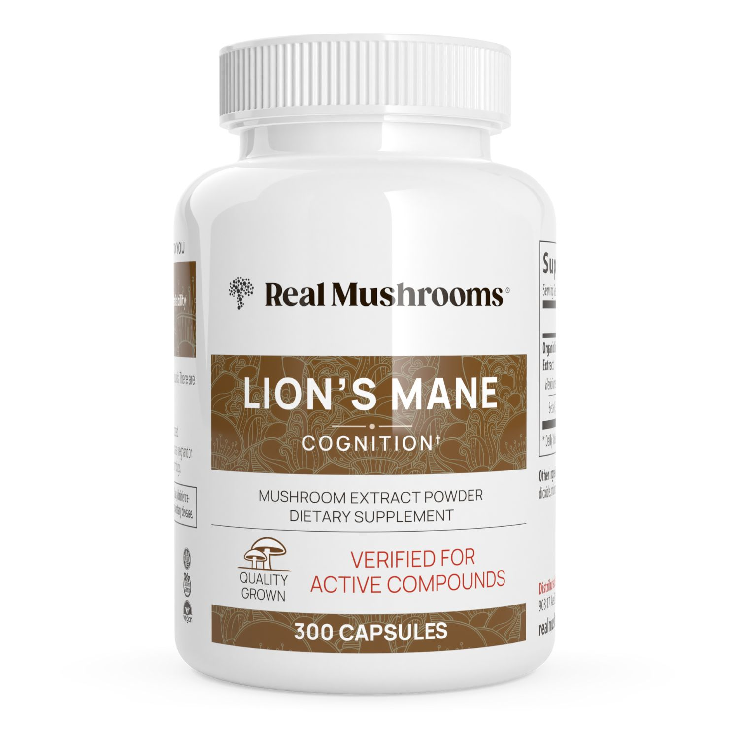 White bottle of Real Mushrooms Organic Lion's Mane Extract Capsules, containing 300 capsules made from organic mushrooms—a dietary supplement designed to support immune health and cognitive function.