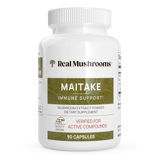 A bottle of Real Mushrooms Organic Maitake Mushroom Capsules—90 capsules, made with organic maitake mushrooms and rich in beta-glucans for immune support.