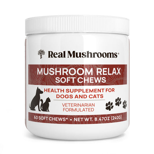 A white container of Real Mushrooms Mushroom Relax Pet Chews, calming chews for dogs and cats with organic mushroom extracts, featuring pet silhouettes and paw prints on the label.