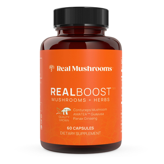 Real Mushrooms RealBoost contains 60 capsules with organic cordyceps, ginseng, and guayusa for a natural energy boost.