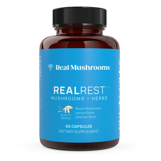 Real Mushrooms RealRest – Reishi, Valerian & Lemon Balm provides 60 capsules per bottle to support natural relaxation.