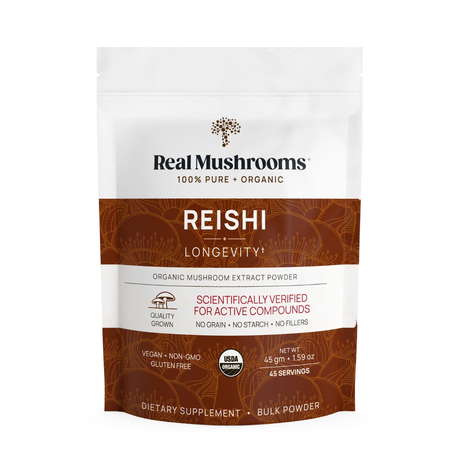 A white and brown pouch labeled "Real Mushrooms Organic Reishi Mushroom Powder – Bulk Extract" features quality and dietary claims on the front, highlighting organic Reishi mushroom benefits and premium beta-glucans.