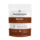 A white and brown pouch labeled "Real Mushrooms Organic Reishi Mushroom Powder – Bulk Extract" features quality and dietary claims on the front, highlighting organic Reishi mushroom benefits and premium beta-glucans.