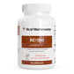 A white bottle labeled “Real Mushrooms Organic Reishi Mushroom Capsules,” containing 90 capsules of Ganoderma lucidum mushroom extract dietary supplement.