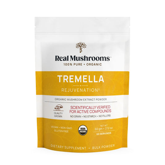 A white and yellow pouch labeled "Real Mushrooms Organic Tremella Extract Powder" highlights quality, beta-glucans content, scientific verification, and dietary benefits.