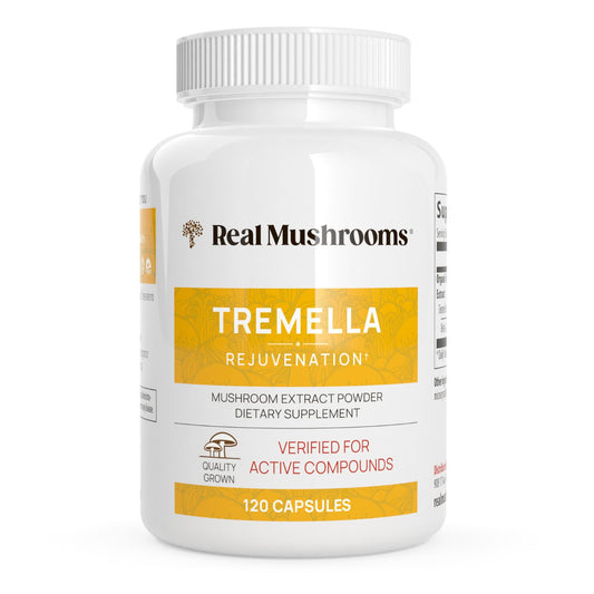 A white bottle labeled "Real Mushrooms Organic Tremella Extract Capsules," contains 120 capsules with organic Tremella extract and beta-glucans dietary supplement.