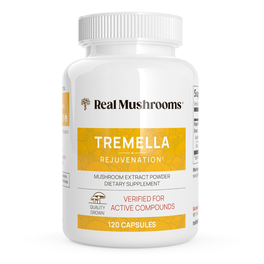 White bottle of Real Mushrooms Organic Tremella Extract Capsules, a dietary supplement with 120 capsules, made from organic mushrooms and verified for active beta-glucans.